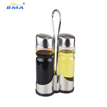 Bma Factory Olive Oil and Vinegar Salt and Pepper Dispenser Set Cruet Set Glass Bottle with Stainless Steel Holder